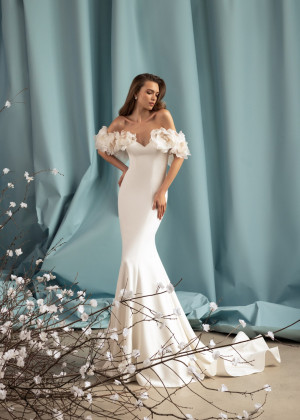 Off Shoulder Ivory Satin Big Flowers Wedding Dress